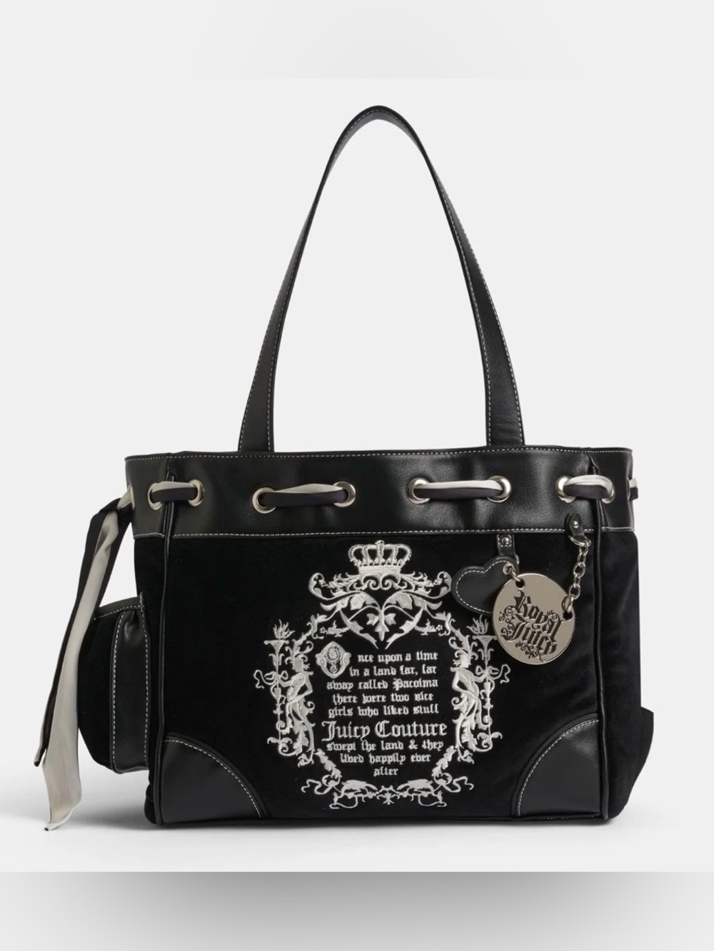 Juicy Couture Once Upon A Time Black Velour & Faux Leather Daydreamer Tote Bag